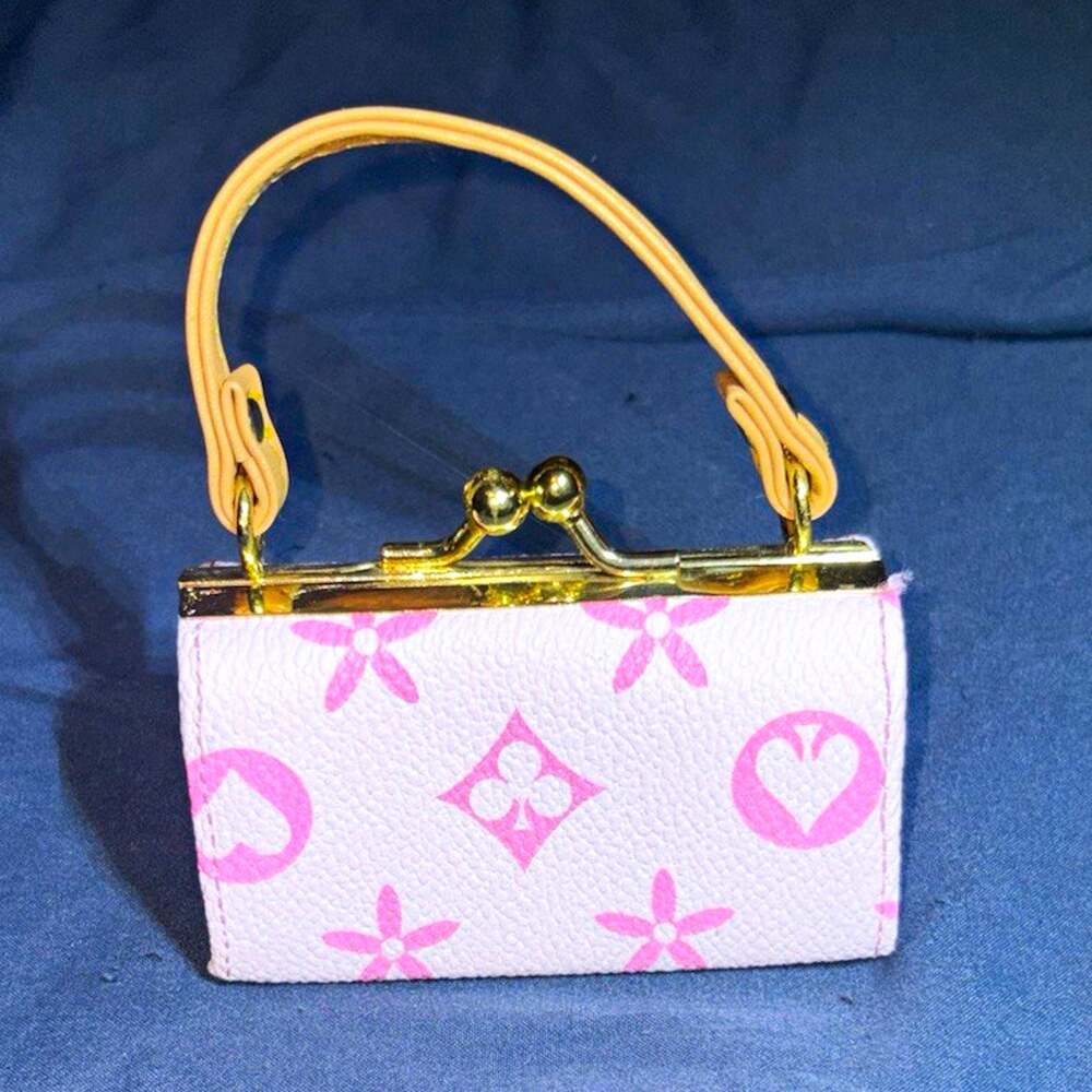 Mini Monogram Top Handle Lipstick case Pink/White Faux Leather Gold Clasp